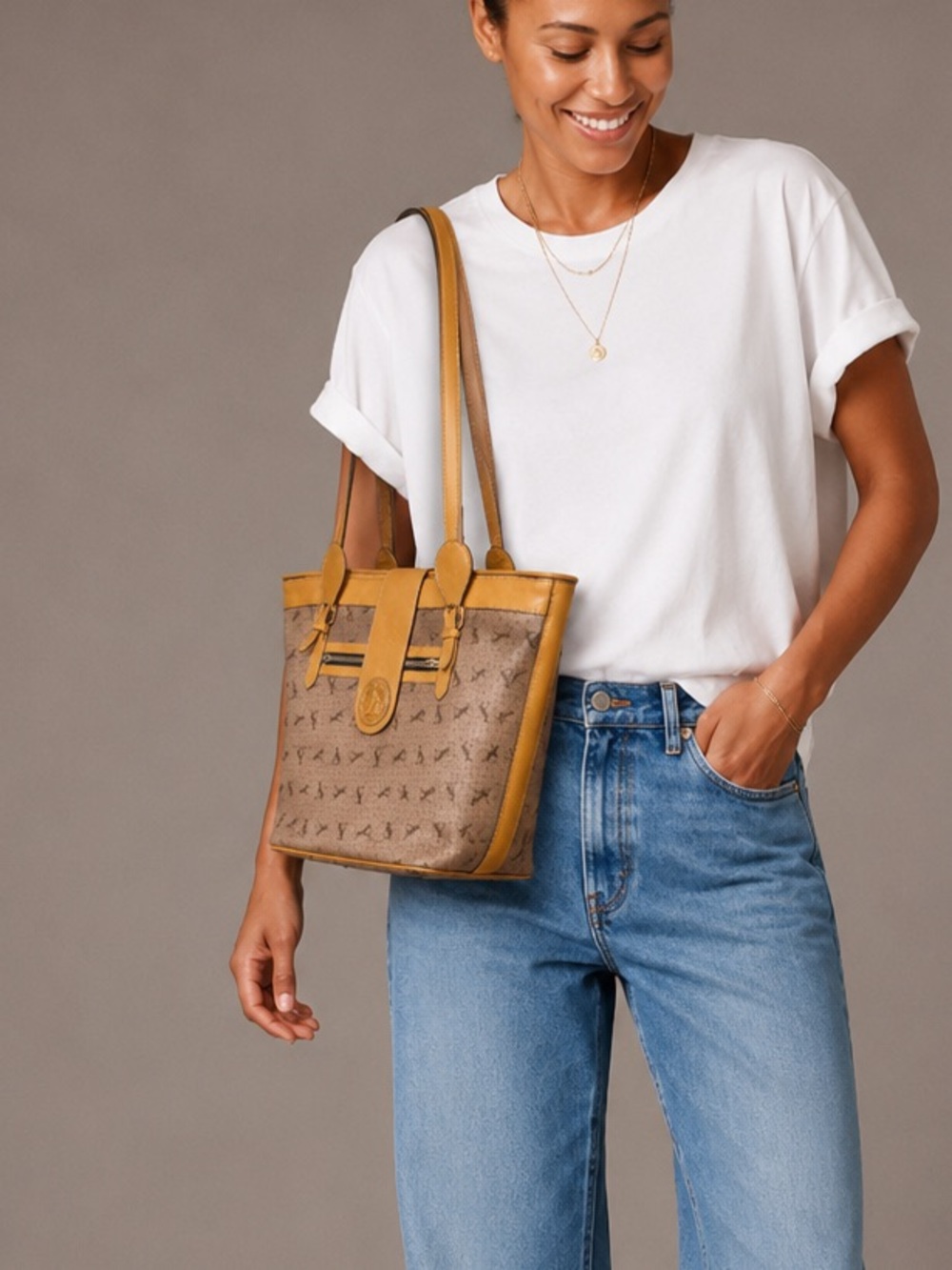 Dog motif Tote with Yellow Trim - Designer Shoulder Bag